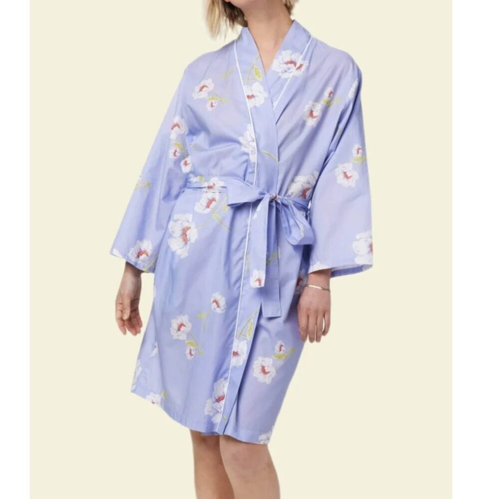 Floral Satin Wrap Robe in Light Blue